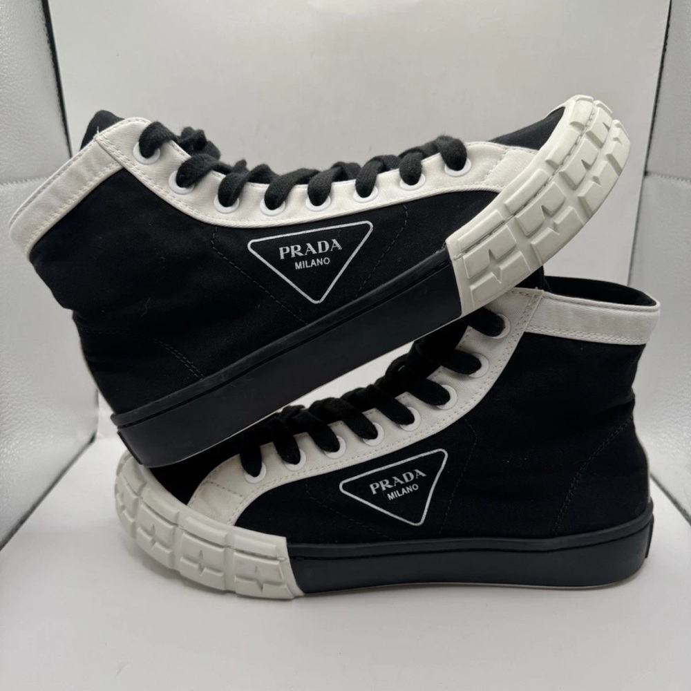 Authentic Prada Gabardine Bicol High Top Sneakers (Black/White) UK8 US10